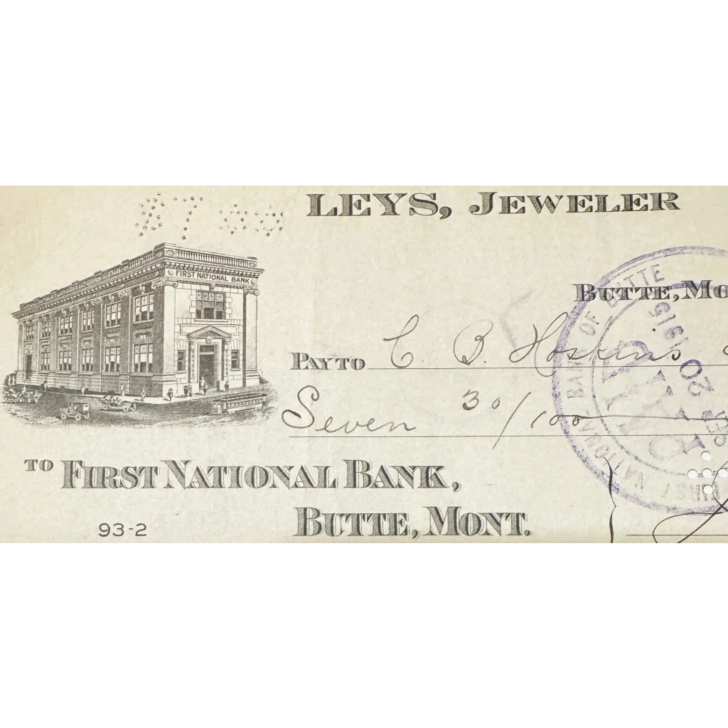 Antique 1910s Leys Jeweler Check from Historic Butte Montana Mining Town