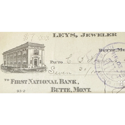 Antique 1910s Leys Jeweler Check from Historic Butte Montana Mining Town