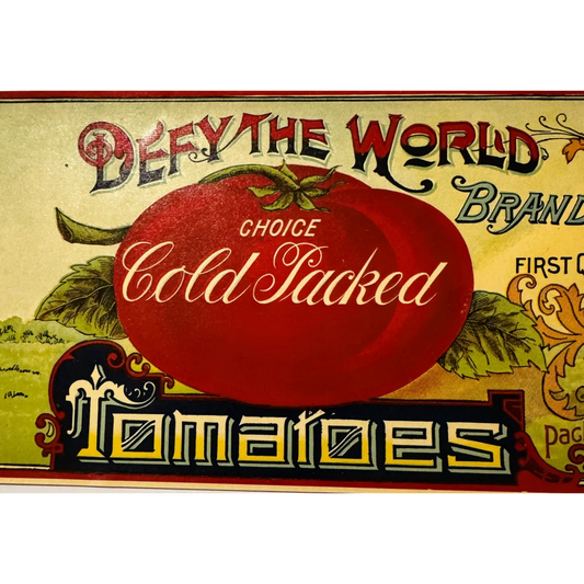 Vintage Salem County tomato crate label from 1910s, antique defy time by Samuel Lewis Kelty
