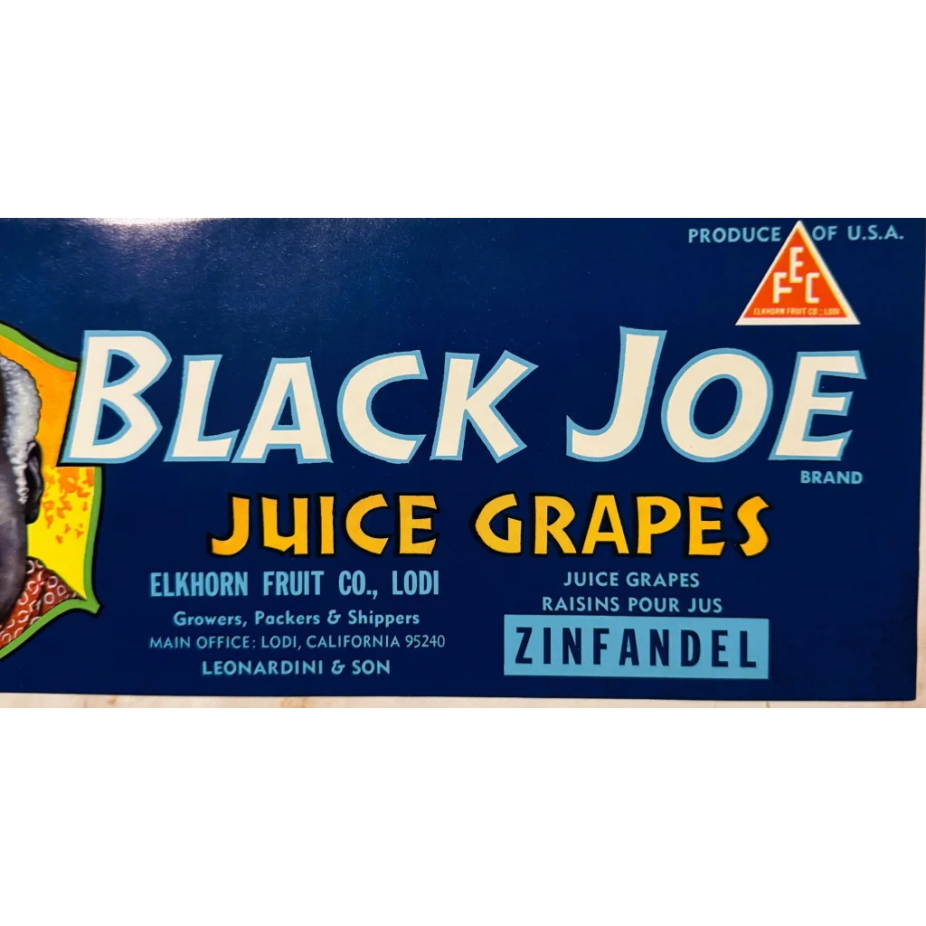 Vintage Black Joe grape juice label from Elkhorn Fruit Co. in Lodi, 1920s Americana