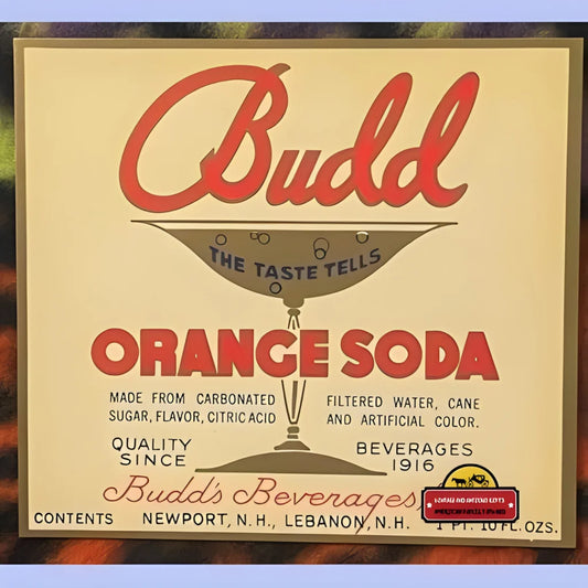 Vintage Budd Orange Soda label showcasing a rare 1920s antique vintage sign