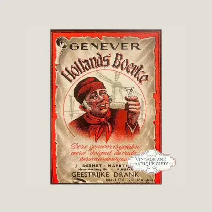 Vintage Hollands Boerke Genever label with smiling man and glass