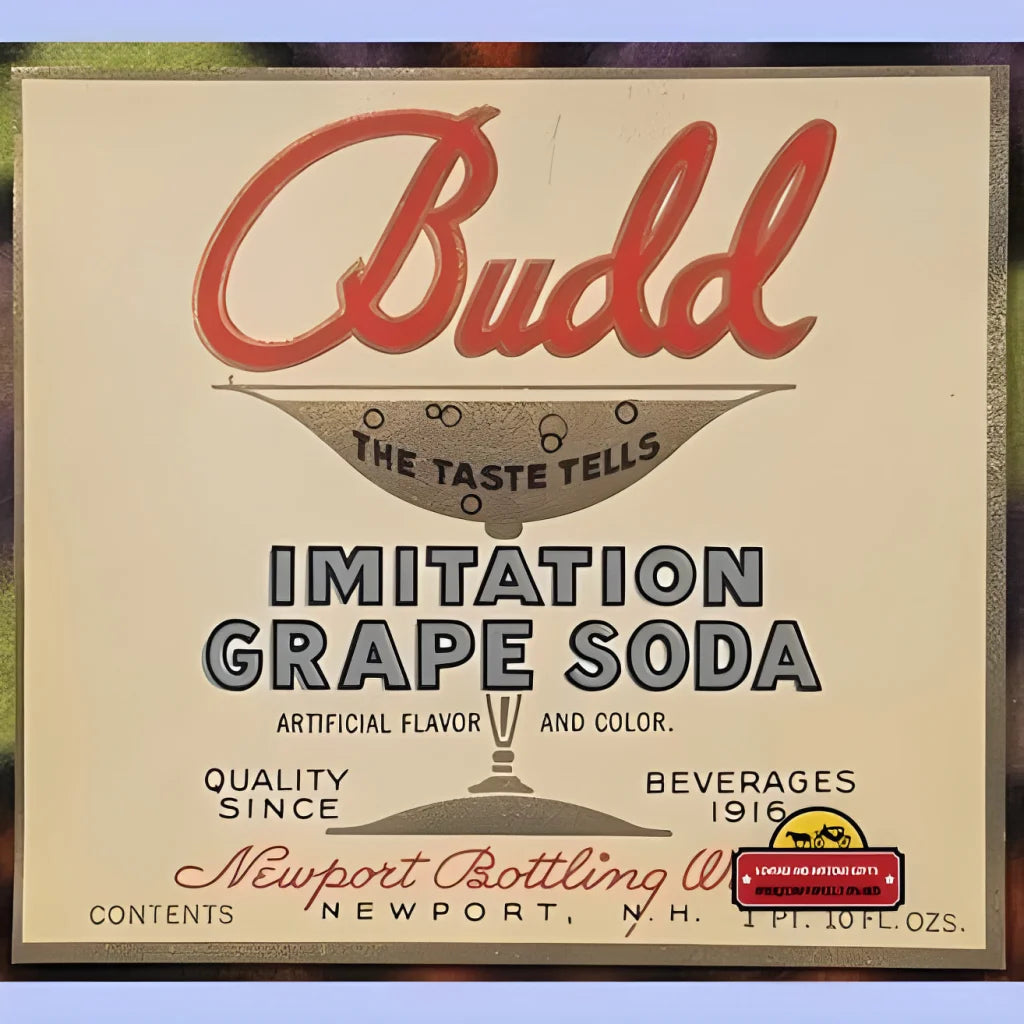 Vintage Budd Beverage Soda sign showcasing Imitation Grape Soda from the 1920s