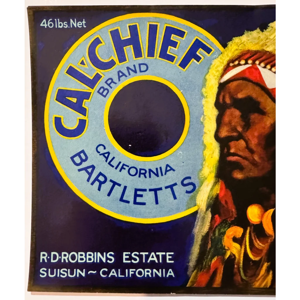 Vintage Bartlett Pears crate label from Rare 1920s Cal Chief Bartlett Pears Crate