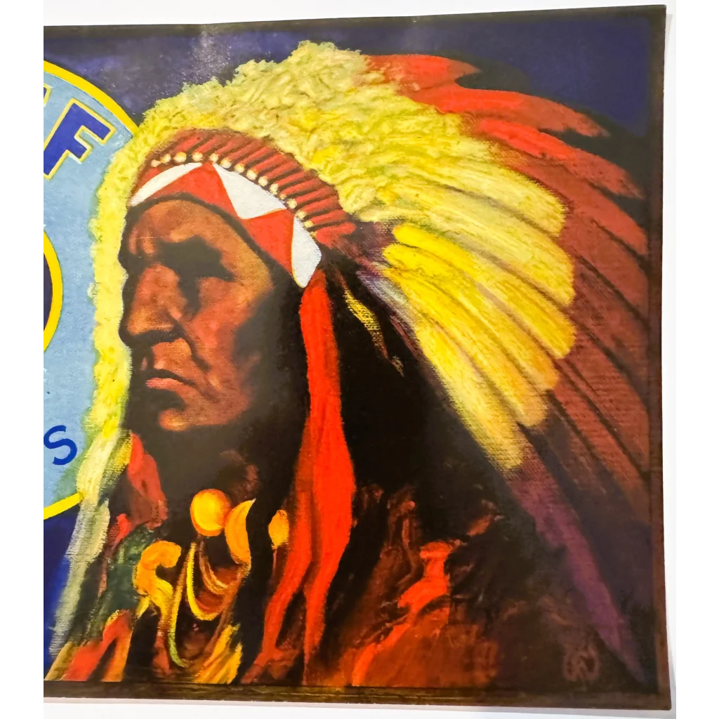 Native American chief portrait on Rare 1920s Cal Chief Bartlett Pears crate label