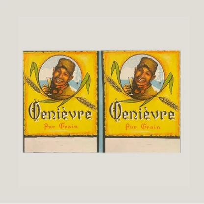 Vintage liquor labels showcasing double uncut genievre pur grain for collectors