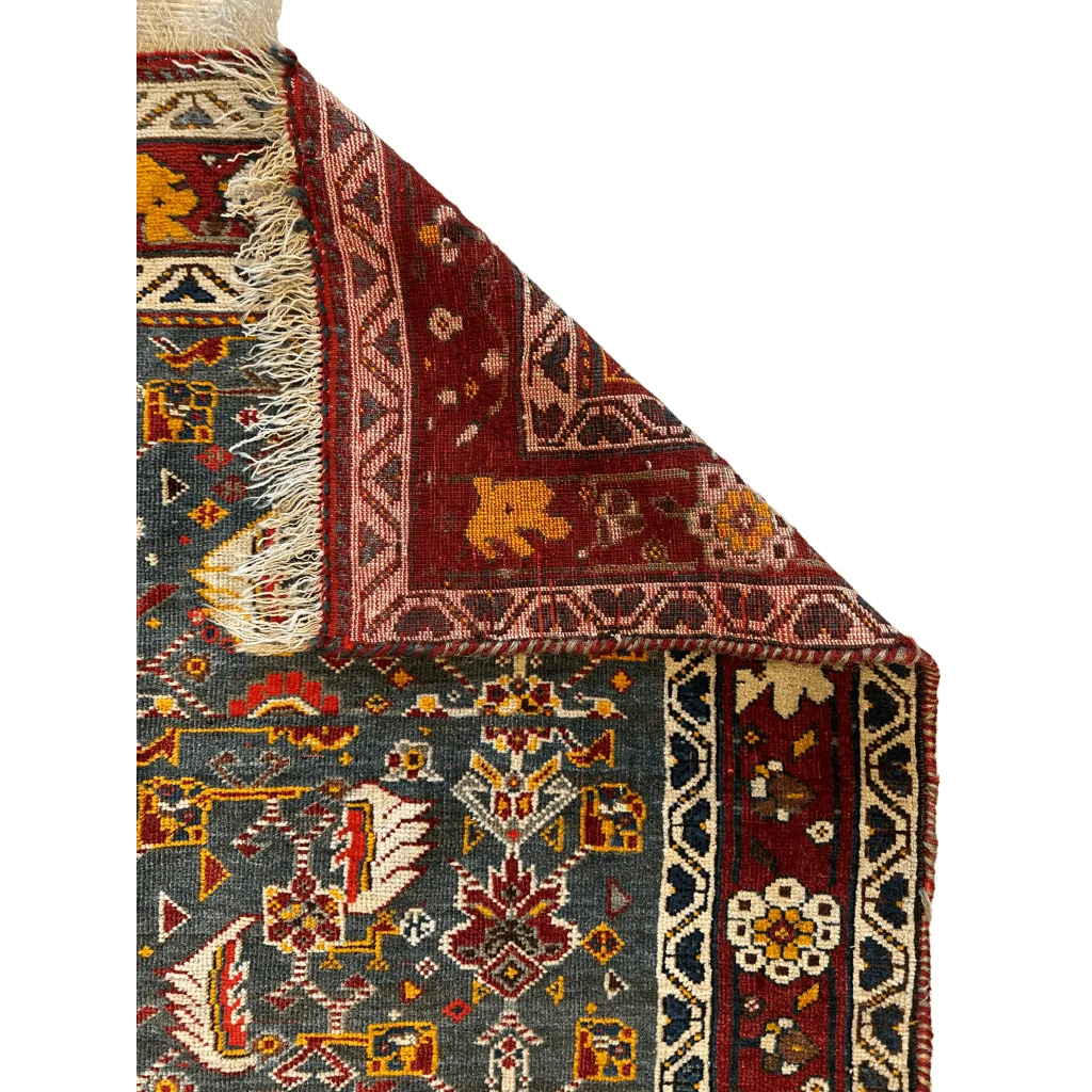 Rare antique Persian Kashkuli rug 1920s, red navy gold geometric floral pattern, low even pile