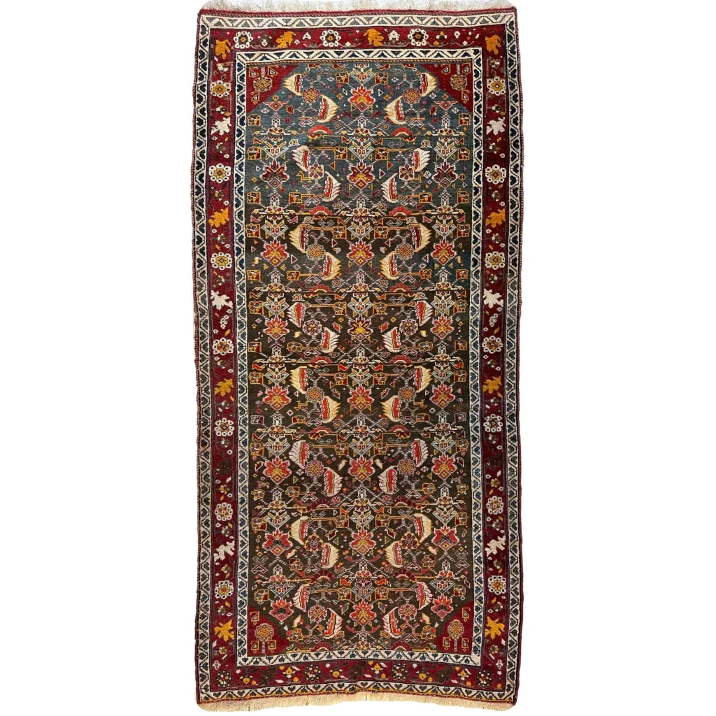 Rare 1920s Persian Kashkuli tribal rug, full view, intricate floral and geometric patterns in reds blues and gold