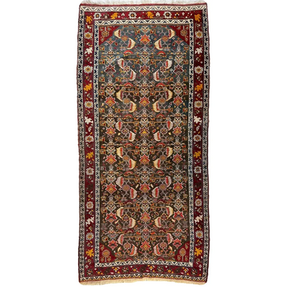 Rare 1920s Persian Kashkuli tribal rug, full view, intricate floral and geometric patterns in reds blues and gold