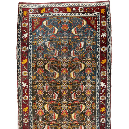 Rare Kashkuli tribal rug 1920s, close-up of geometric floral motifs, natural wool Qashqai sub-tribe
