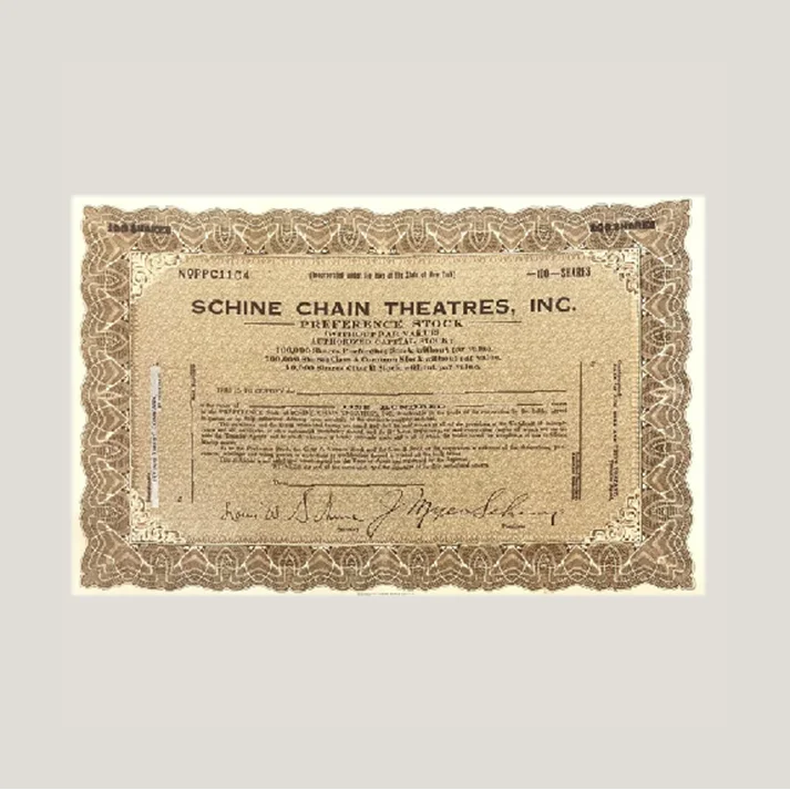 Vintage 1920s Schine Chain Theatres stock certificate from the silent era