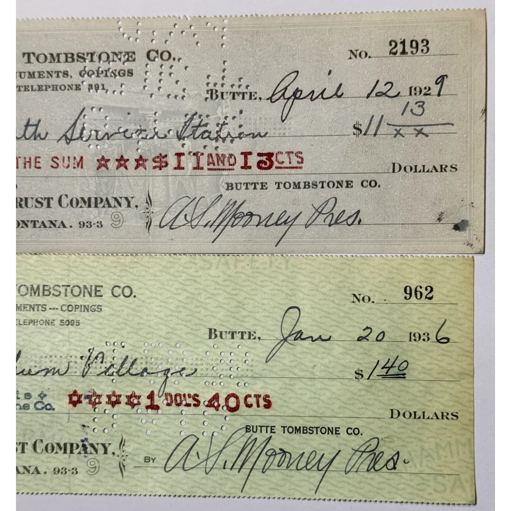 Vintage 1930s Butte Tombstone check from Montana mining era displayed in Rare Butte Tombstone product