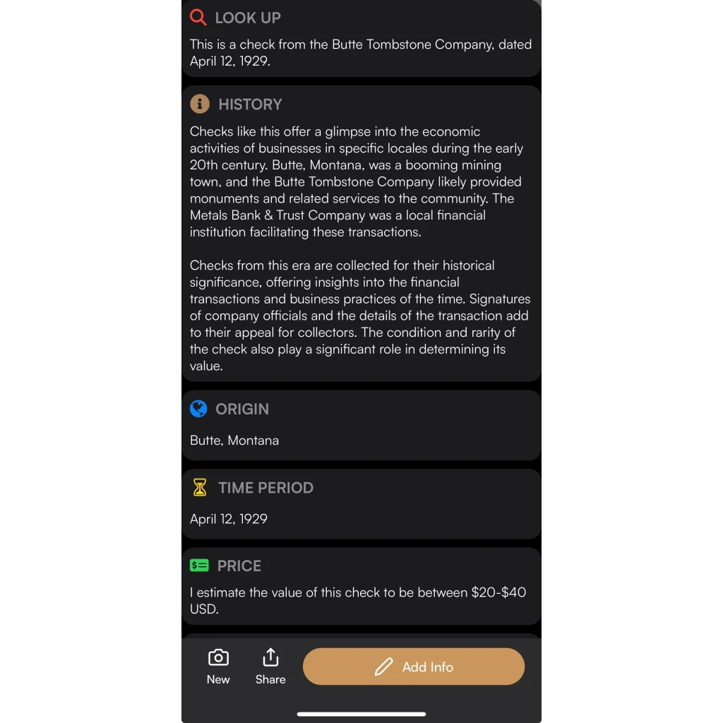 Digital display of 1930s Butte Tombstone check with historical info and estimated value