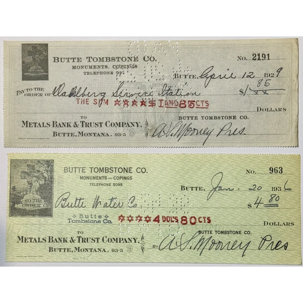 Vintage 1930s Butte Tombstone Co checks from Montana mining era showcasing Butte Tombstone history