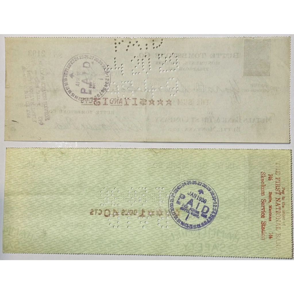 Vintage 1930s Butte Tombstone Company check with perforated details and date stamps