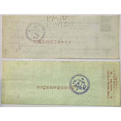 Vintage 1930s Butte Tombstone Company check with perforated details and date stamps