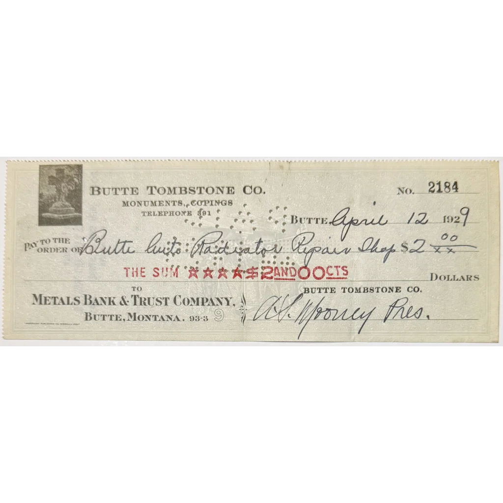 Antique 1930s Butte Tombstone check from Montana Mining Era, dated April 12, 1929