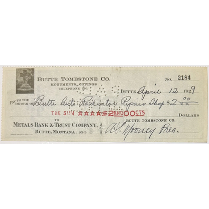 Antique 1930s Butte Tombstone check from Montana Mining Era, dated April 12, 1929