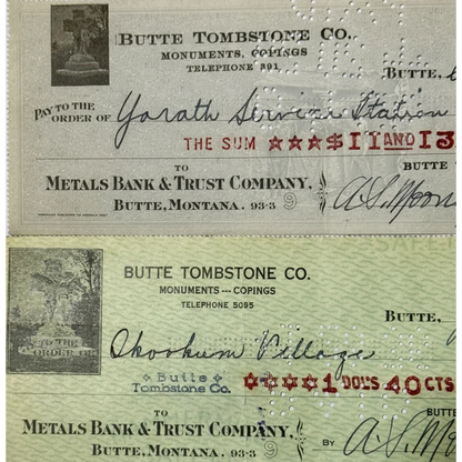 Two antique butte tombstone checks from the 1930s Montana mining era