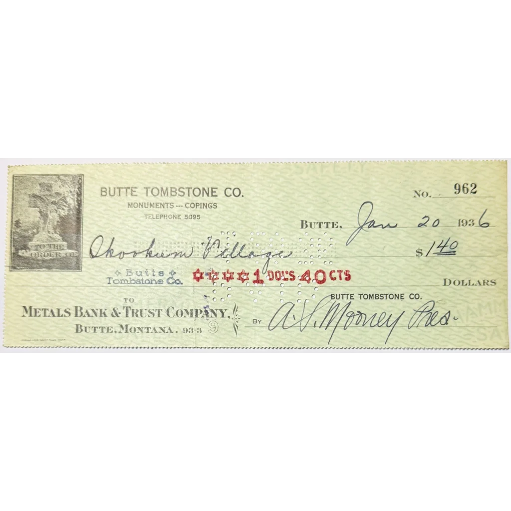 Vintage 1930s Butte Tombstone check from Montana mining era for sale