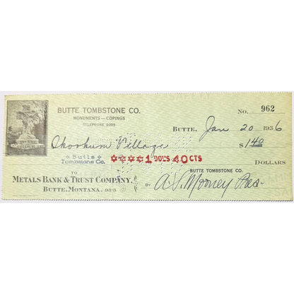 Vintage 1930s butte tombstone check from Butte Tombstone Co. Montana mining era