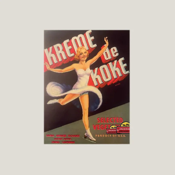 Vintage crate label featuring Koke Vegetable Label from Rare 1930s Kreme De Koke Ice Skater collection