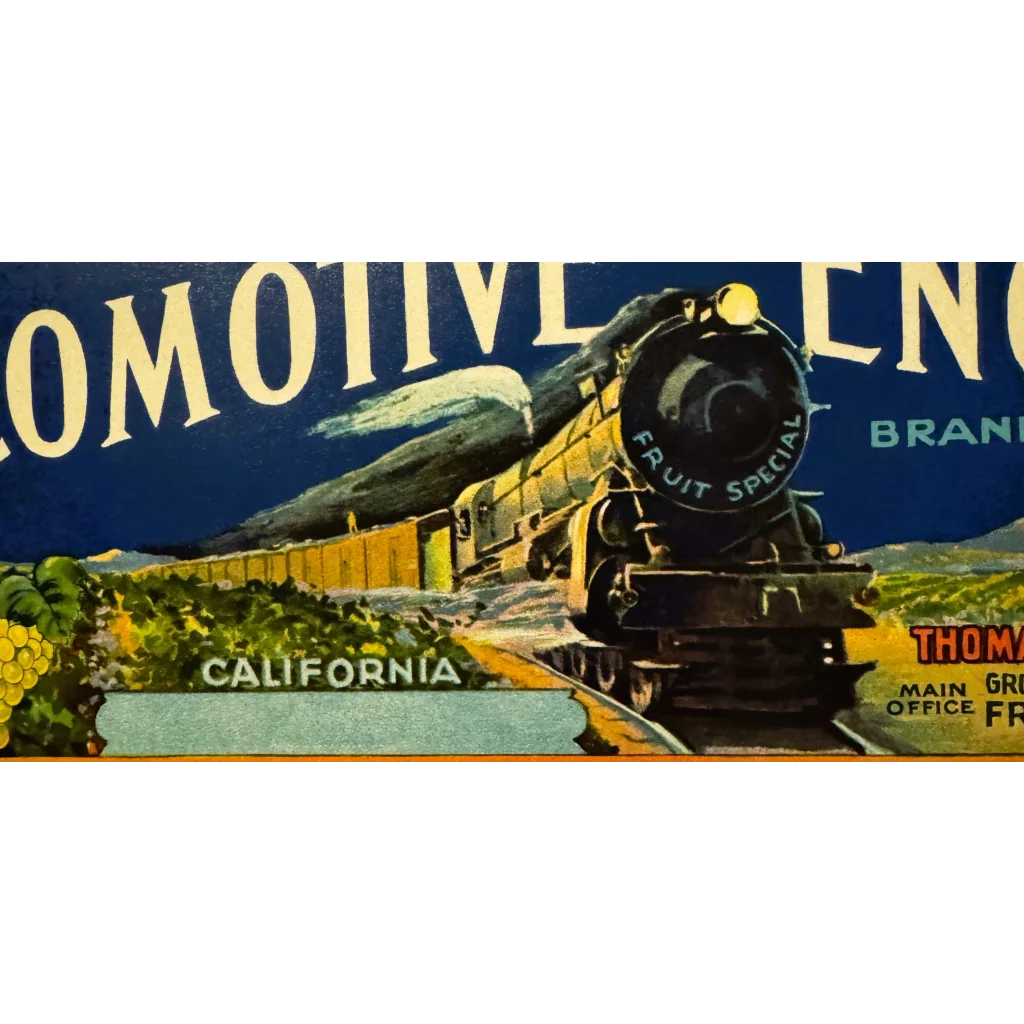 Vintage locomotive engineer crate label from Fresno featuring train-themed fruit packaging