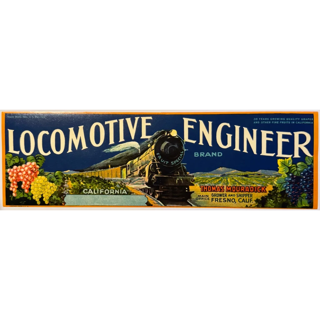 Vintage locomotive engineer crate label from Fresno showcasing classic 1930s design