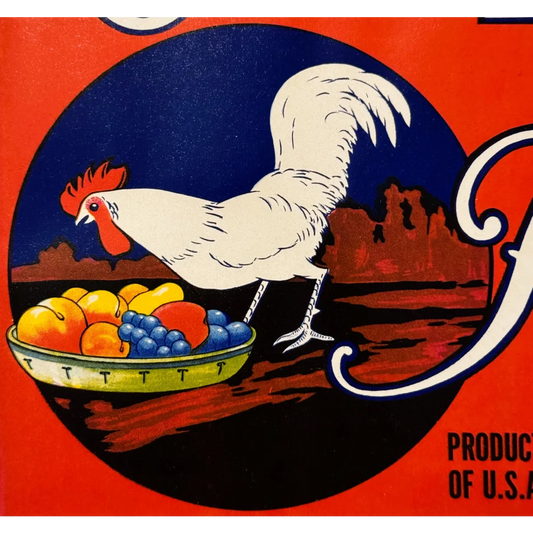 White rooster by a bowl of colorful fruits with Rare 1930s Loomis Pear Label