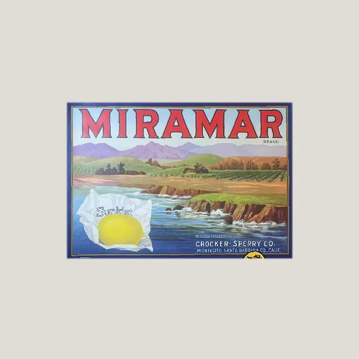 Vintage Miramar Sunkist crate label from 1930s Sunkist crate, Montecito California