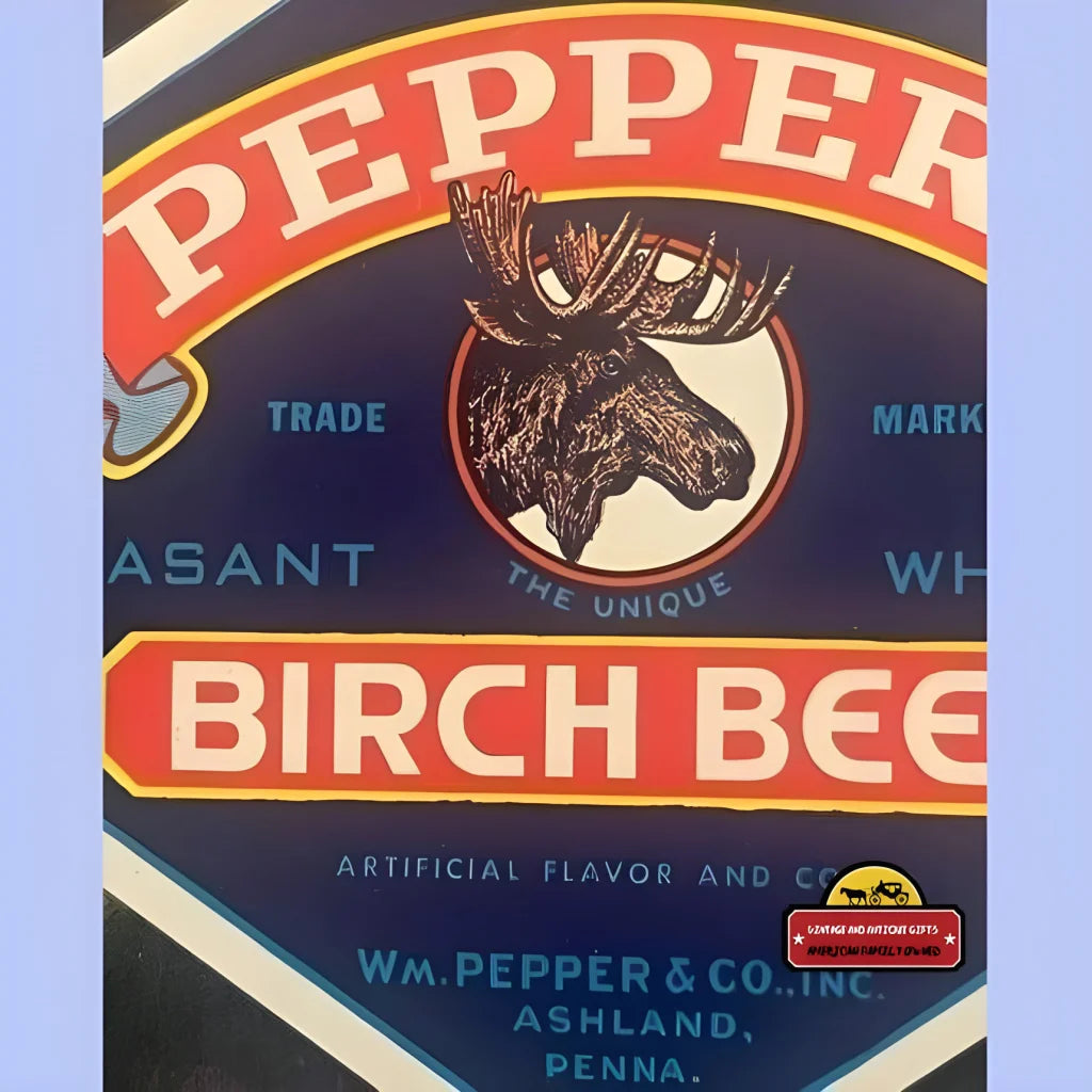 Vintage Pepper Birch Beer label with moose head logo from 1940s antique collection