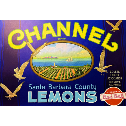 Vintage lemon crate label from Santa Barbara County featuring Channel brand design