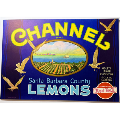 Vintage lemon crate label from Santa Barbara County Channel brand in great condition
