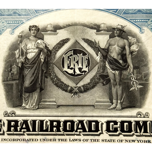 Ornate vignette with allegorical figures around Erie Railroad Company logo on stock certificate