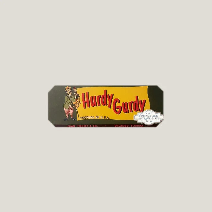 Vintage hurdy gurdy crate label featuring monkey art from Orlando organ grinder scene