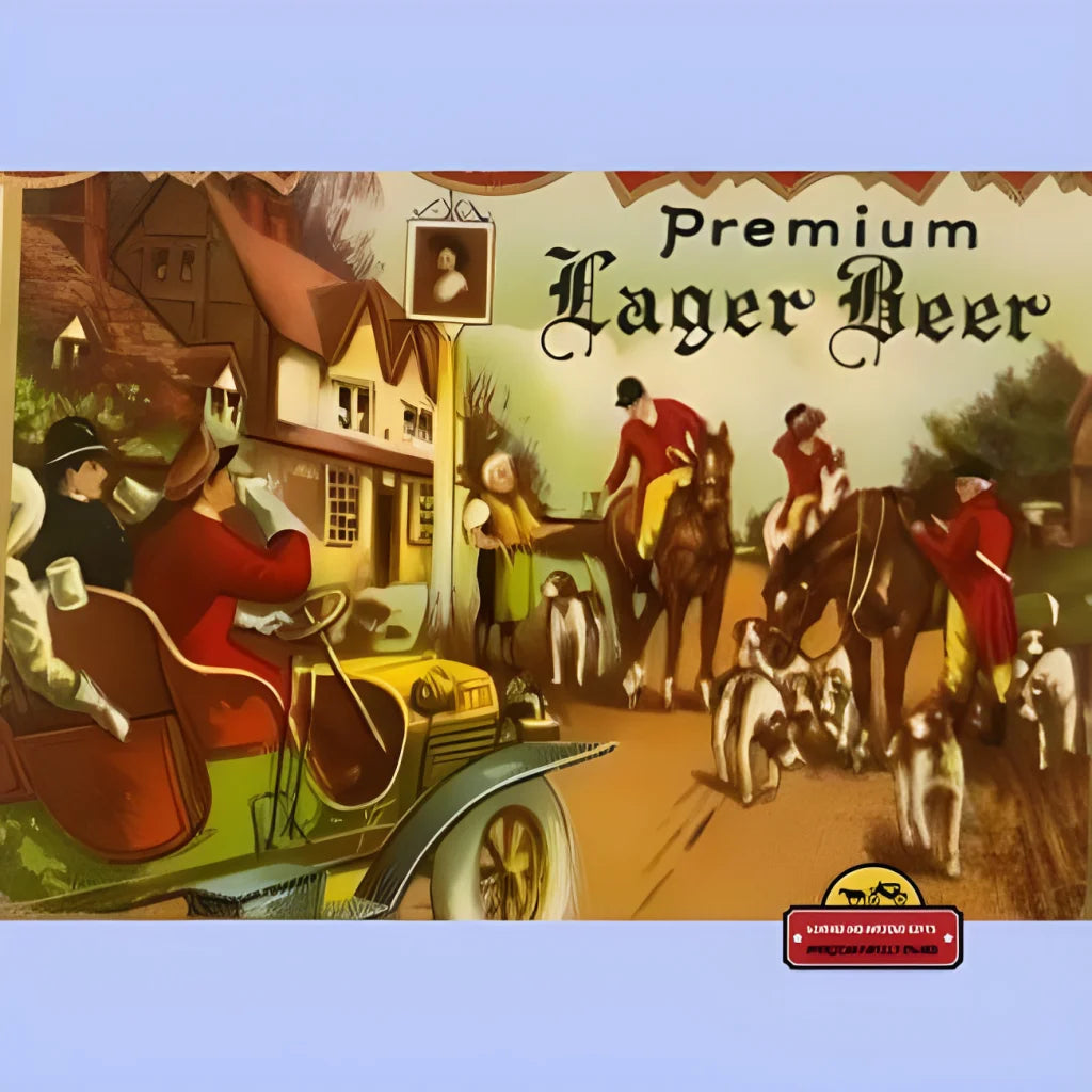 Vintage beer label showcasing a rural English hunting scene for Old Tavern Lager