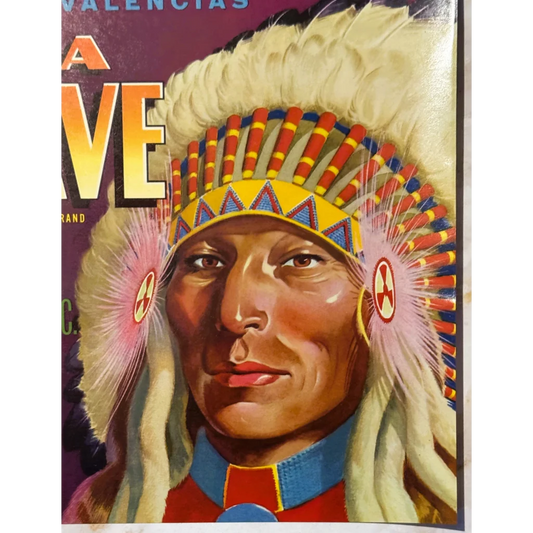 Vintage Pala Brave label with Native American in feathered headdress for Sunkist label