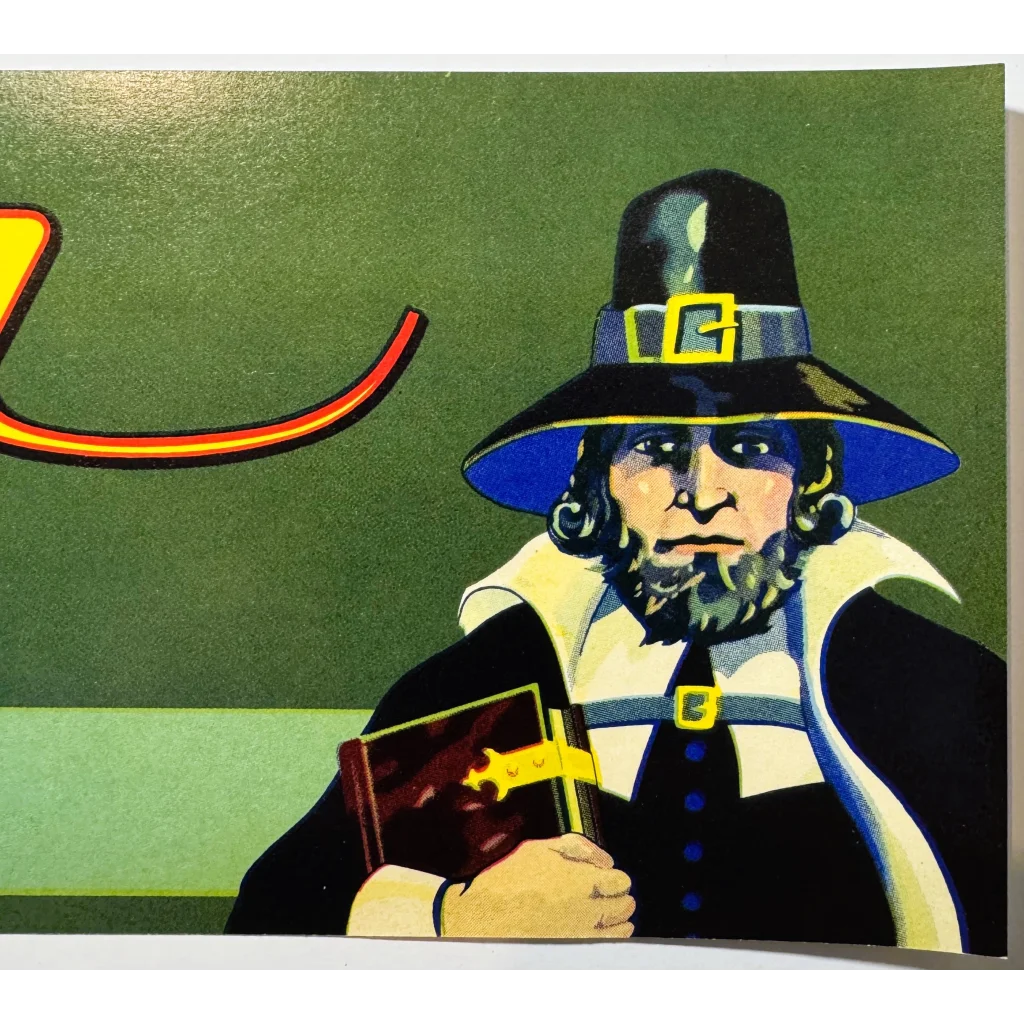 Vintage 1940s Pilgrim crate label with man holding book from Mayflower Fruit Association