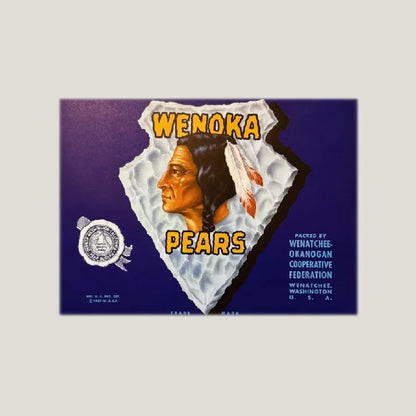Vintage Wenoka Pears crate label with Native American design from the 1940s Wenoka pear era