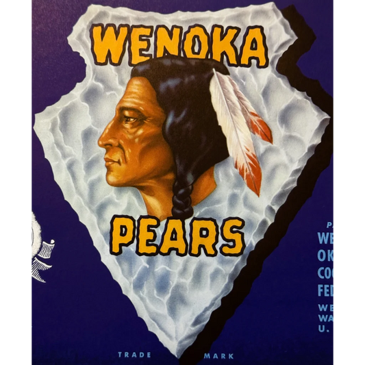 Vintage Wenoka Pear label with Native American profile and arrowhead design