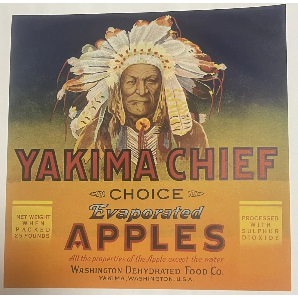 Vintage Yakima Chief crate label art featuring a Native American in a feathered headdress