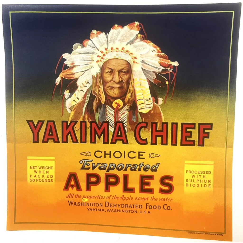 Vintage Yakima Chief crate label art featuring Native American illustration and evaporated apples