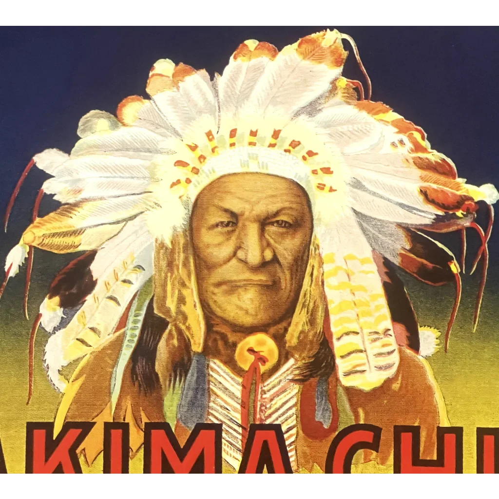 Portrait of a Yakima Chief in a feathered headdress for a vintage crate label