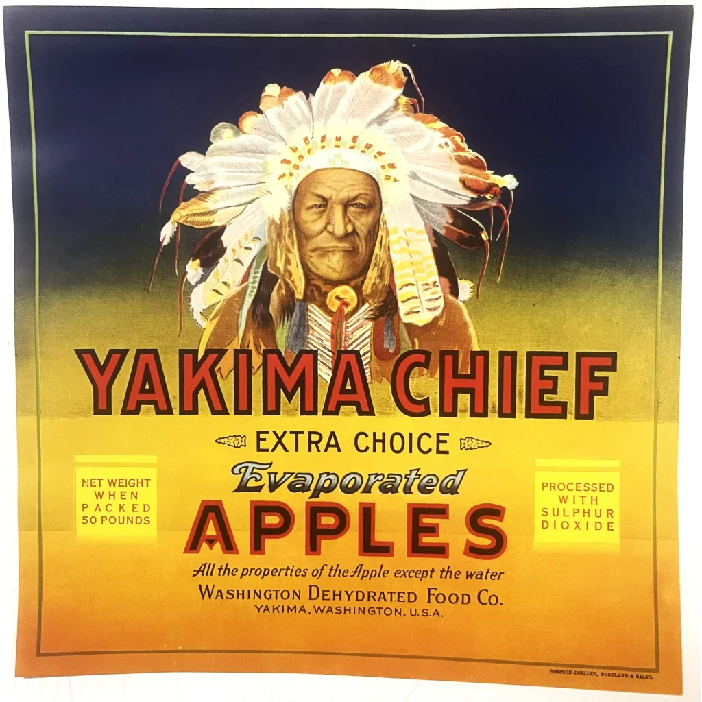 Vintage Yakima Chief crate label art with a Native American chief and apples illustration