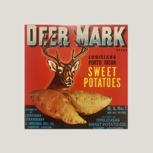 Vintage Sweet Potato Crate Label Featuring 1950s Deer Mark Crate Design