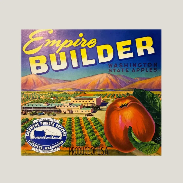 Vintage 1950s Empire Builders apples crate label from Washington showcasing classic style