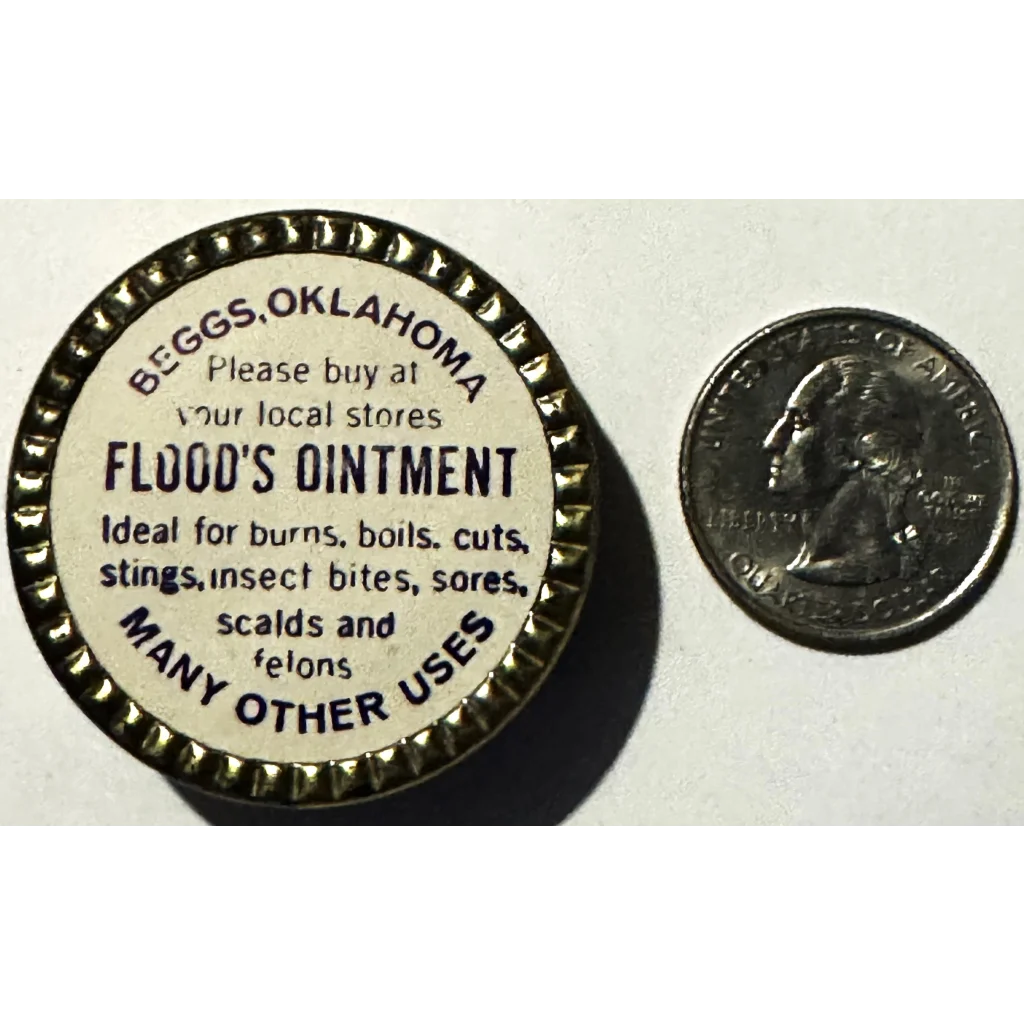 Vintage Flood’s Ointment tin from Boggs, Oklahoma, showcasing its unique uses