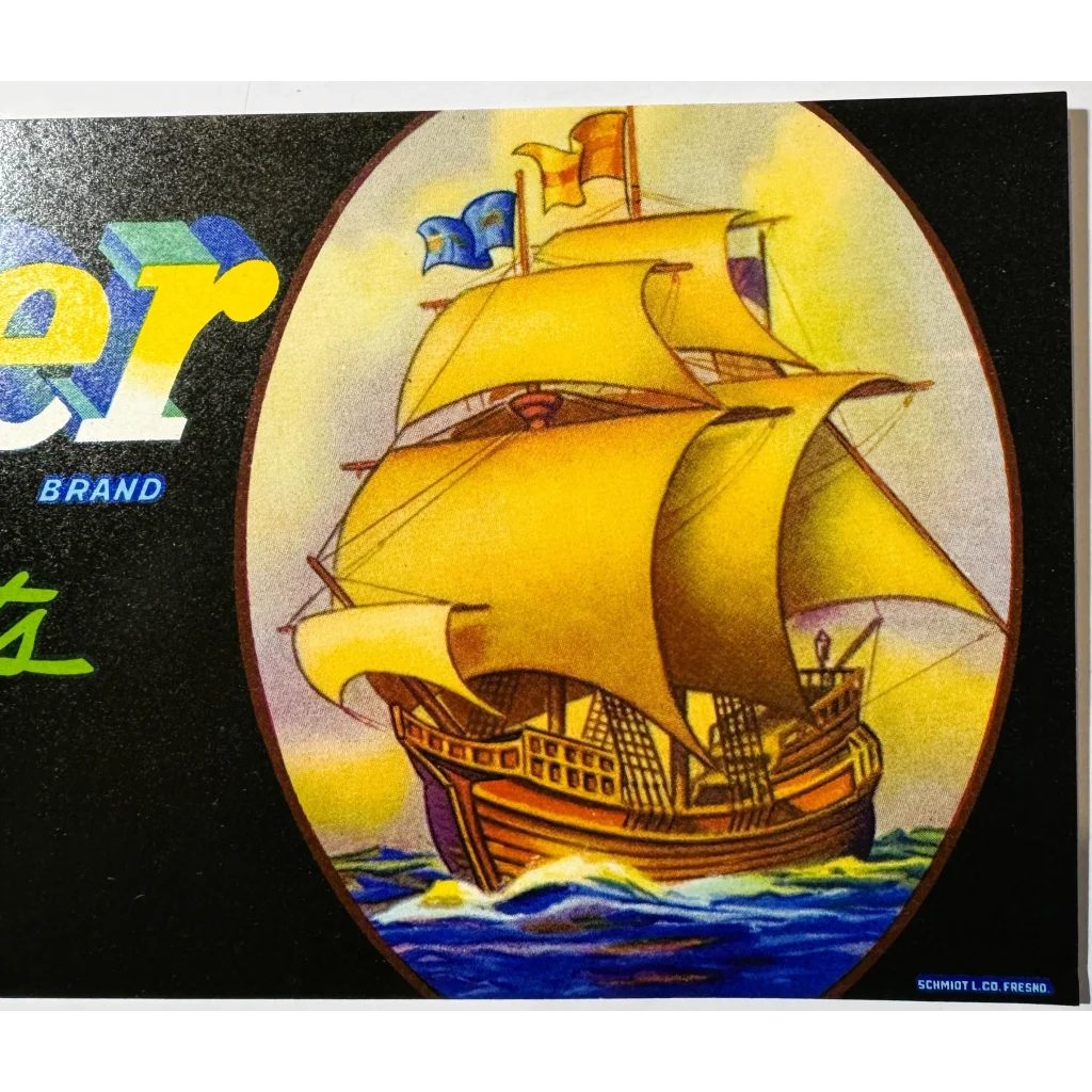 Vintage ship illustration on Rare 1950s Mayflower Fruit Association crate label