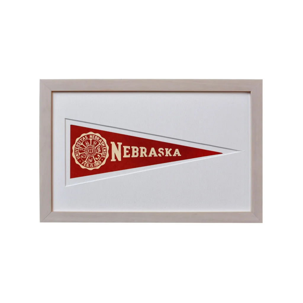 Vintage 1950s Nebraska Hormel wool felt pennant in silver frame