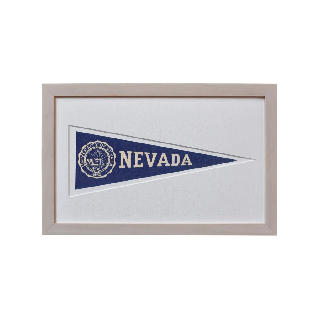Vintage 1950s Nevada wool felt Hormel pennant in blue white silver frame